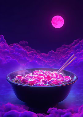 Neon Ramen Bowl with Pink Moon
