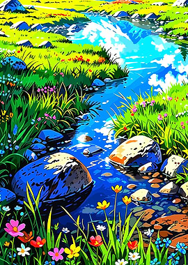 Vibrant River Landscape with Flowers
