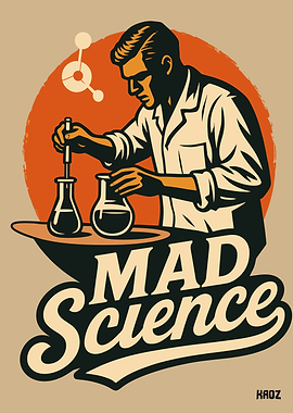 Mad Science Illustration with Scientist and Beakers
