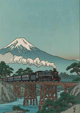 Japanese Train Landscape with Mount Fuji