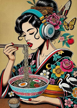 Geisha with Headphones Eating Ramen
