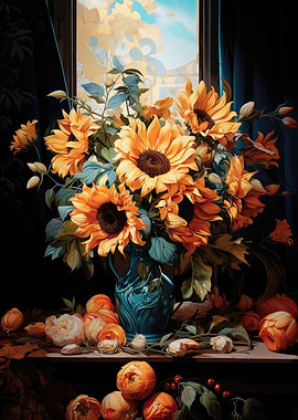 Sunflower Still Life with Blue Vase