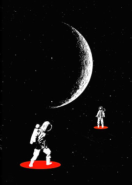 Astronauts in Space with Crescent Moon