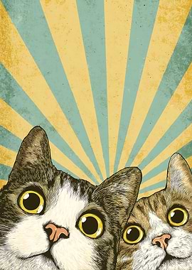 Two Curious Cats with Retro Background