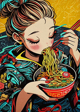 Anime Girl Eating Ramen Illustration