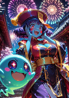 Anime Girl with Ghost and Fireworks