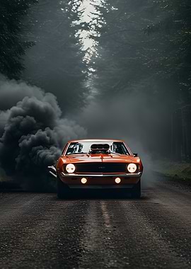 Orange Muscle Car in Smoky Forest