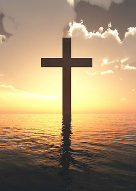 Cross in Water at Sunset