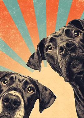 Two Curious Dogs on Retro Sunburst Background