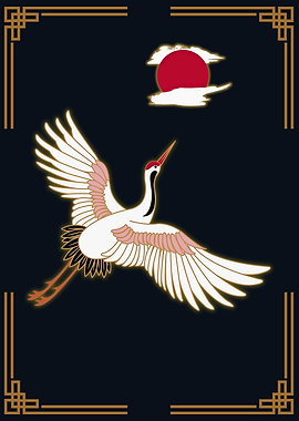 Japanese Crane and Rising Sun Art