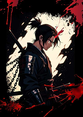 Anime Samurai Warrior with Blood Splatter