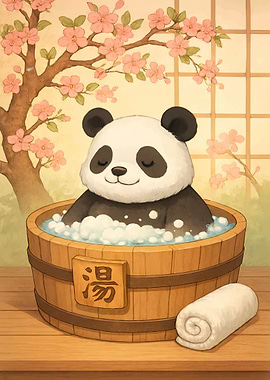 Panda in Onsen with Cherry Blossoms