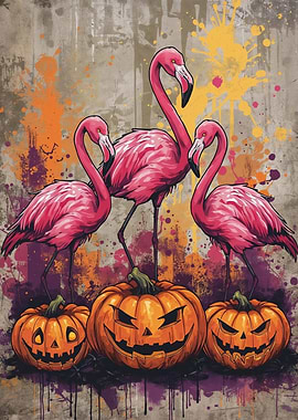 Flamingos and Jack-o'-lanterns Halloween Art