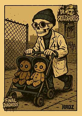 Skeleton Pushing a double stroller containing two voodoo dolls
