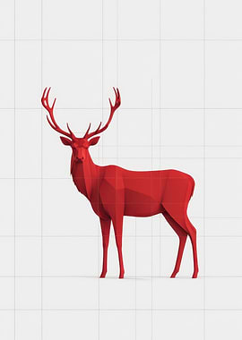 Red Low-Poly Stag — Minimal Geometric Deer Sculpture Print