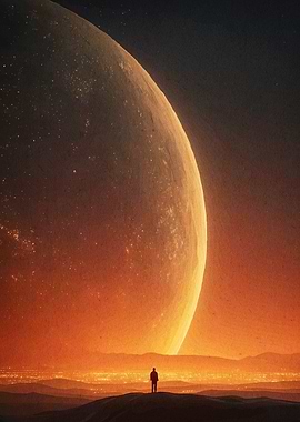 Man silhouetted against giant planet