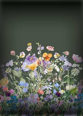 Watercolor Wildflower Meadow on Dark Green