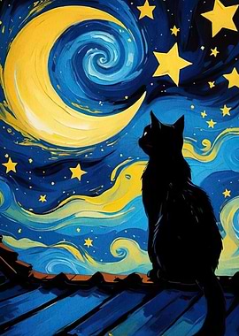 Cat Under Starry Night Sky