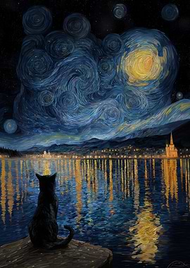 Black Cat Starry Night Painting