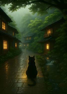 Black cat in rainy Japanese village