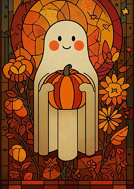 Cute Ghost Holding Pumpkin Art