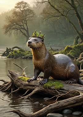 Regal River Otter with Moss Crown in Misty Forest – Photorealistic Wildlife Illustration