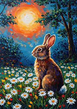 Rabbit in a Daisy Field Painting