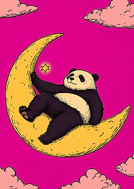 A cute panda lounging on a crescent moon