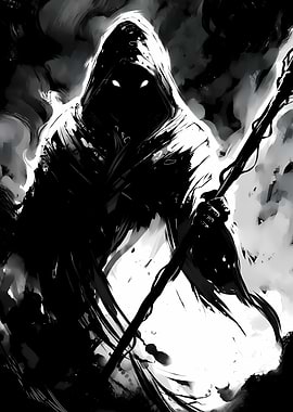 Monochrome hooded figure with staff