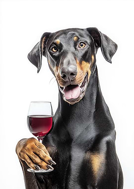 Doberman with Wine Glass