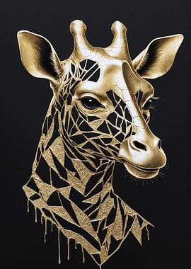 Golden Giraffe Portrait on Black Background