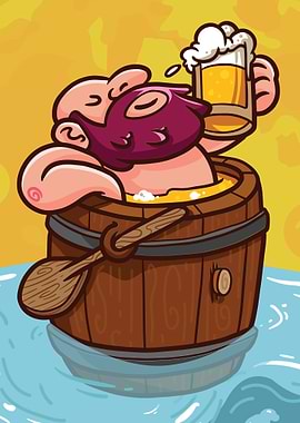 Cartoon Man Relaxing with Beer in Tub