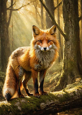 Red Fox Portrait in a Sunlit Forest — Digital Illustration