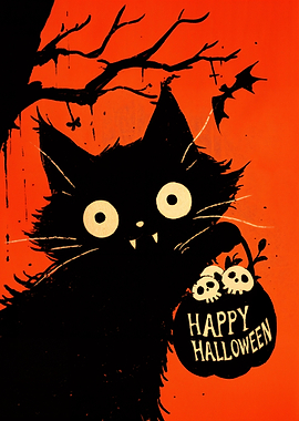 Retro Happy Halloween Black Cat