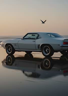 Classic Car on Beach at Sunset