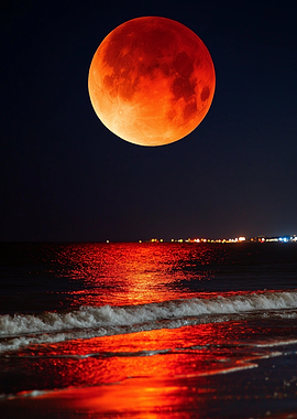 Blood Moon over Ocean at Night
