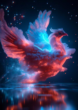 A celestial phoenix soaring through a magical sky