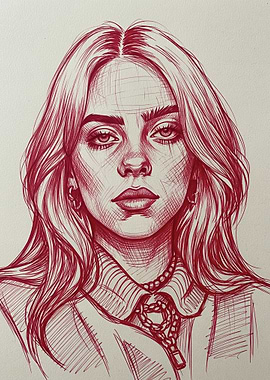 Billie Eilish Portrait in Red Ink