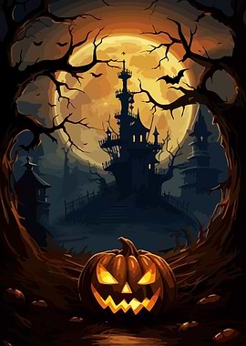 Halloween Night Spooky Castle Pumpkin