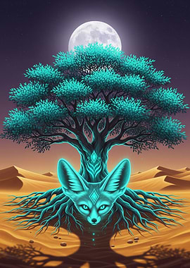 Mystical Fox and Tree in Desert