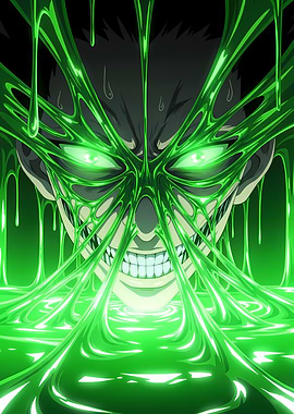 Neon Anime Horror Face Beneath Glowing Liquid – Glow in the Dark Art