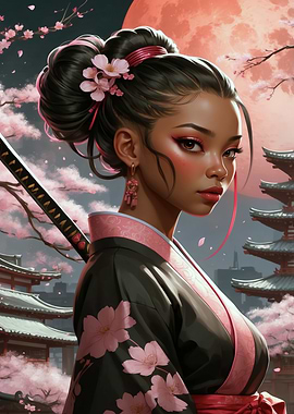 Woman with katana and cherry blossoms