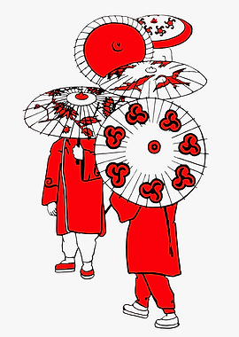Red and White Asian Figures with Umbrellas