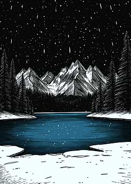 A breathtaking snow-covered landscape with a starry sky