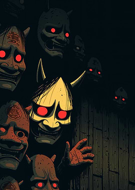 Japanese Oni Masks with Red Eyes