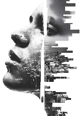 Monochrome Face and Cityscape Double Exposure
