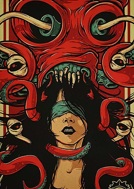Octopus and Blindfolded Woman Illustration