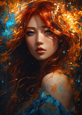 Fiery Haired Woman with Blue Accents