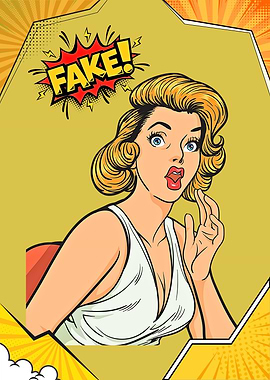 Pop Art Woman with 'FAKE!' Bubble