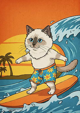 Surfing Cat Floral Shorts